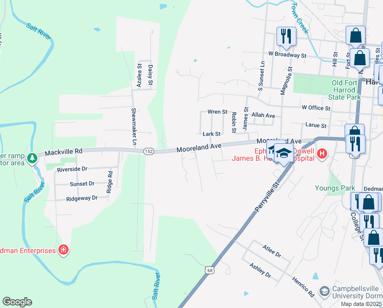 map of restaurants, bars, coffee shops, grocery stores, and more near 745 Mooreland Avenue in Harrodsburg