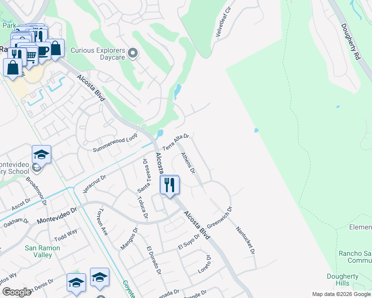 map of restaurants, bars, coffee shops, grocery stores, and more near 4048 Terra Alta Drive in San Ramon