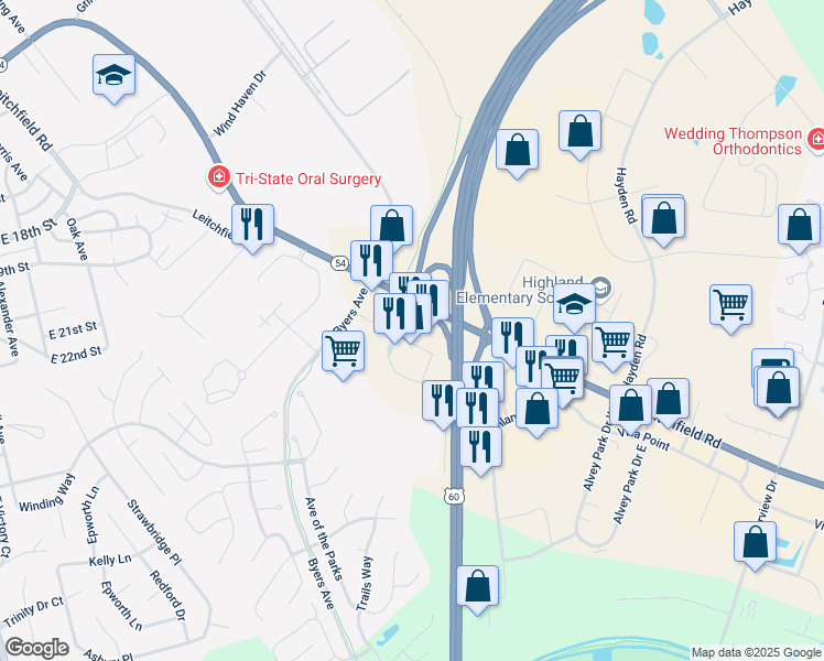 map of restaurants, bars, coffee shops, grocery stores, and more near 2710 Heartland Crossing in Owensboro