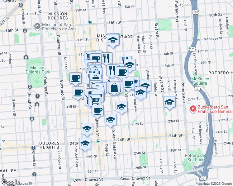 map of restaurants, bars, coffee shops, grocery stores, and more near 680 Shotwell Street in San Francisco