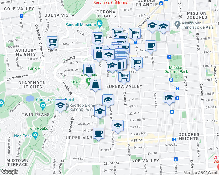 map of restaurants, bars, coffee shops, grocery stores, and more near 20th St & Diamond St in San Francisco