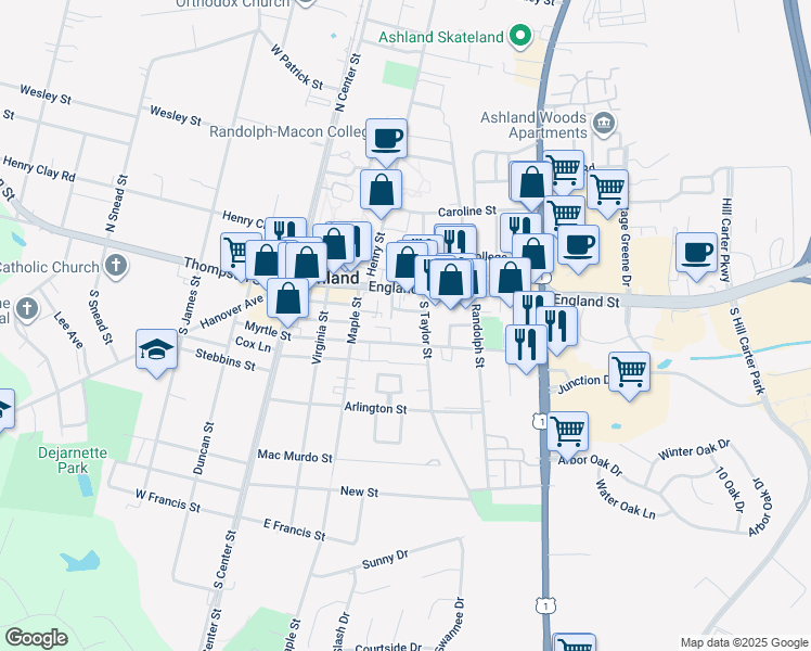map of restaurants, bars, coffee shops, grocery stores, and more near 303 Robinson Street in Ashland