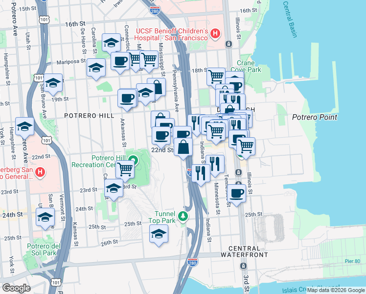 map of restaurants, bars, coffee shops, grocery stores, and more near 1149 22nd Street in San Francisco