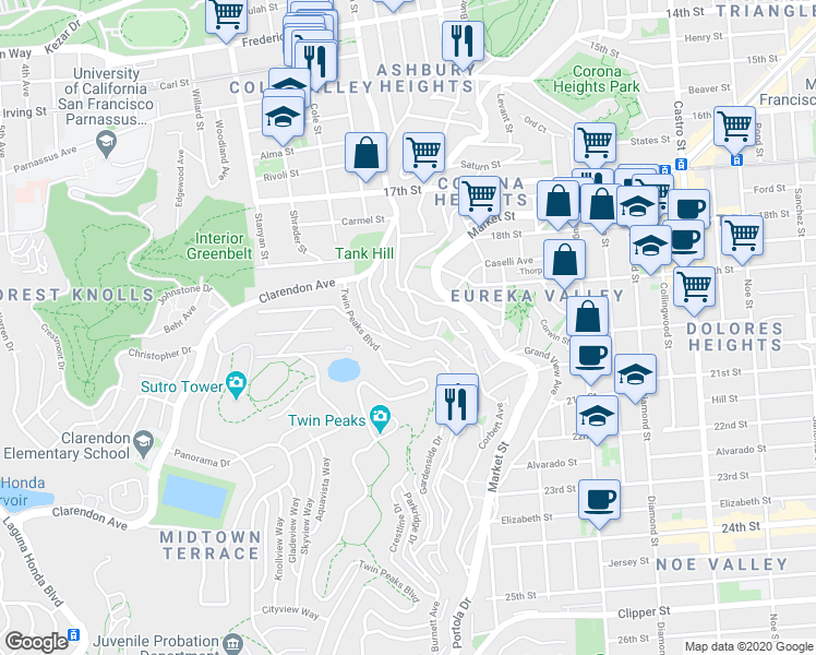 map of restaurants, bars, coffee shops, grocery stores, and more near 123 Graystone Terrace in San Francisco