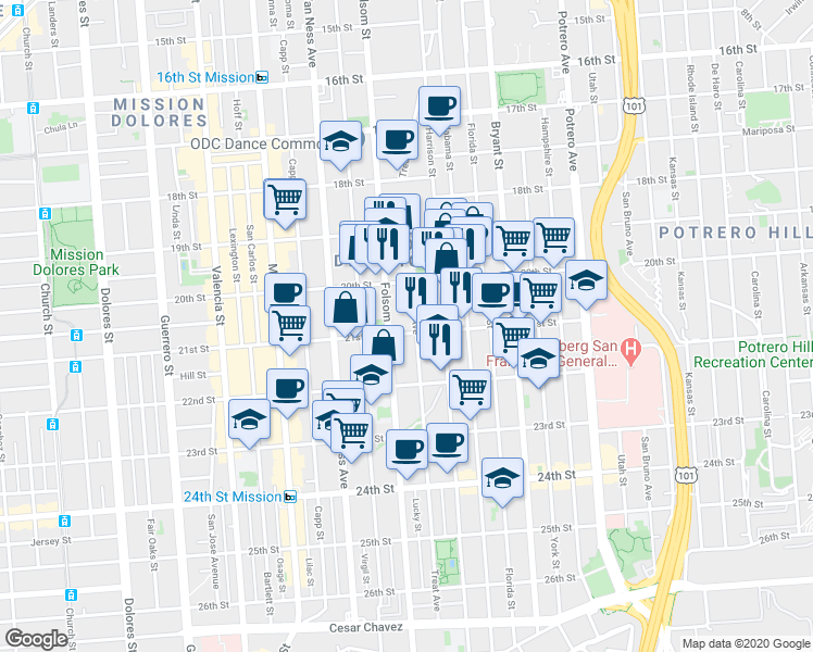 map of restaurants, bars, coffee shops, grocery stores, and more near 759 Treat Avenue in San Francisco