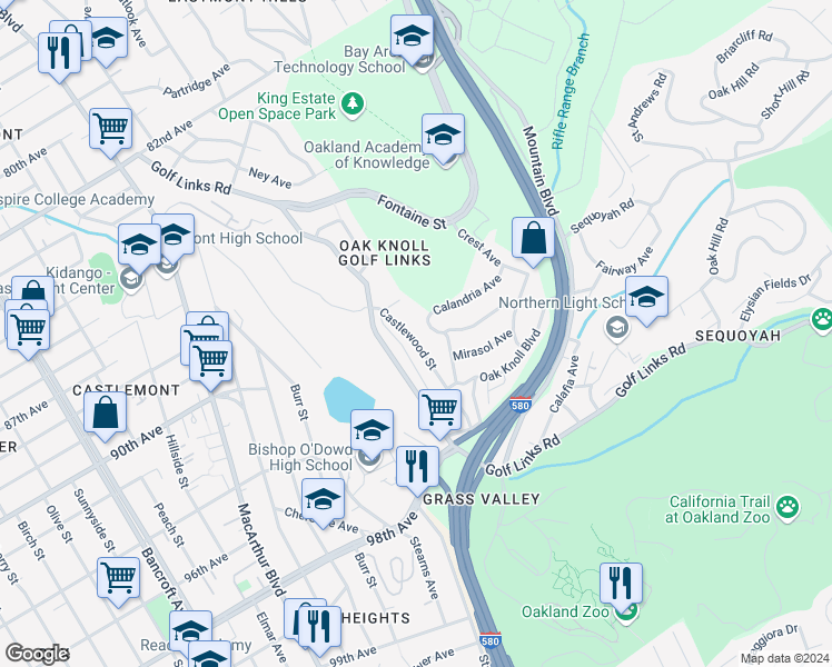 map of restaurants, bars, coffee shops, grocery stores, and more near 9116 Castlewood Street in Oakland