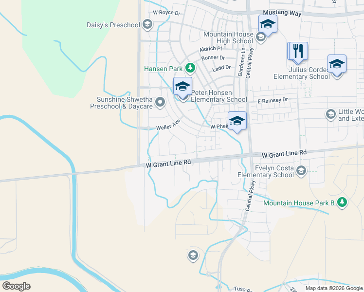 map of restaurants, bars, coffee shops, grocery stores, and more near 1553 South Perkins Place in Tracy