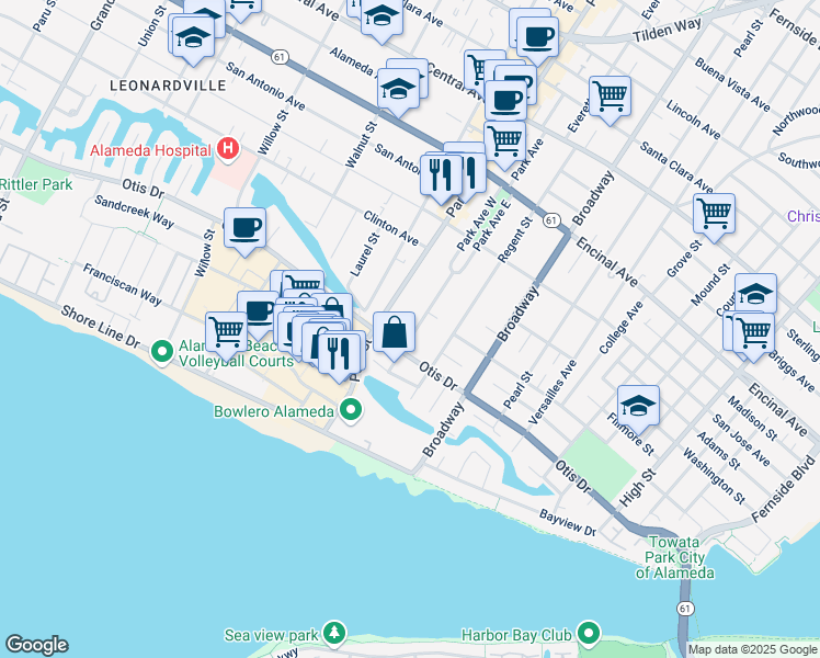 map of restaurants, bars, coffee shops, grocery stores, and more near 1081 Park Avenue in Alameda