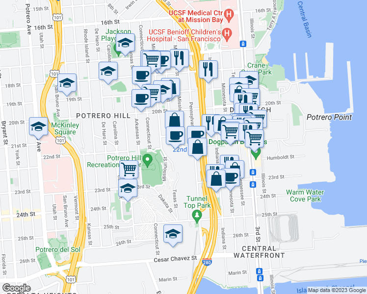 map of restaurants, bars, coffee shops, grocery stores, and more near 22nd Street & Mississippi Street in San Francisco