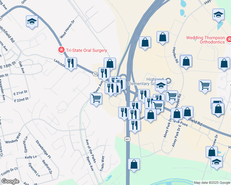 map of restaurants, bars, coffee shops, grocery stores, and more near 2710 Heartland Crossing in Owensboro