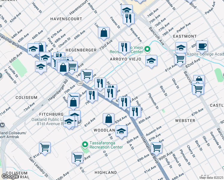 map of restaurants, bars, coffee shops, grocery stores, and more near 1475 79th Avenue in Oakland