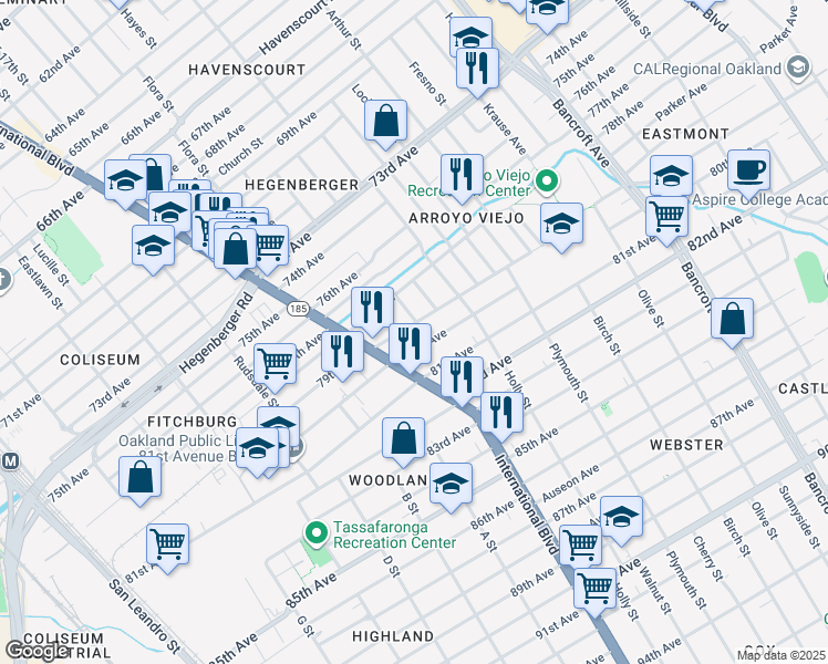 map of restaurants, bars, coffee shops, grocery stores, and more near 1475 79th Avenue in Oakland