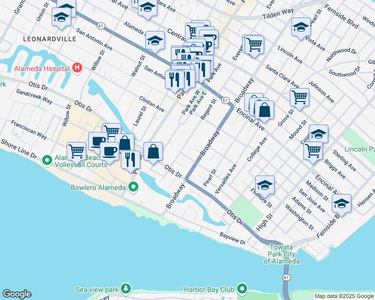 map of restaurants, bars, coffee shops, grocery stores, and more near 1130 Regent Street in Alameda