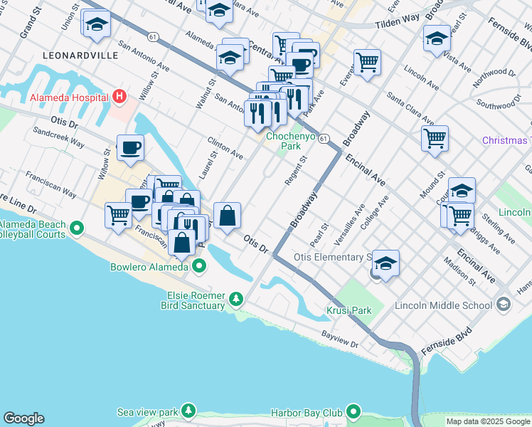 map of restaurants, bars, coffee shops, grocery stores, and more near 1115 Regent Street in Alameda