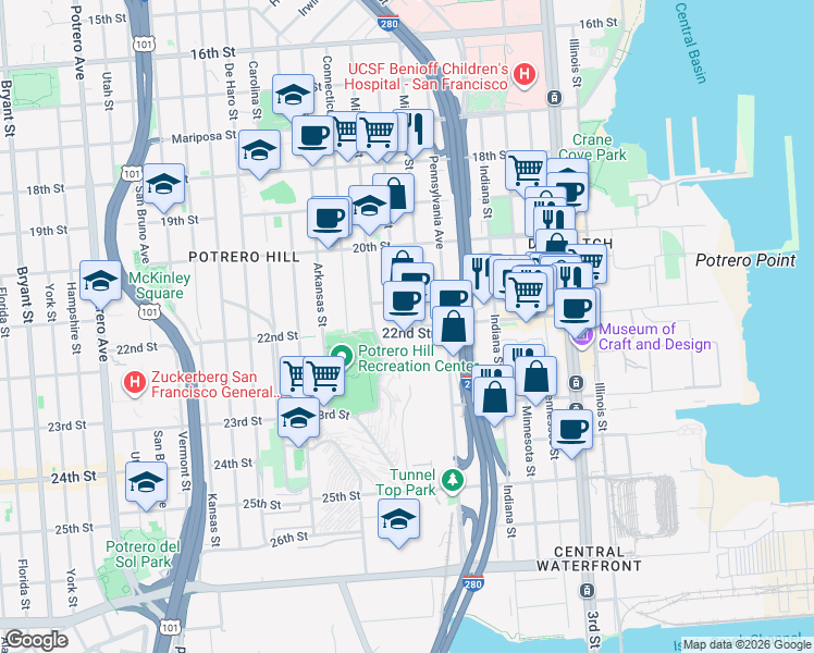 map of restaurants, bars, coffee shops, grocery stores, and more near in San Francisco