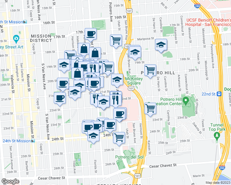 map of restaurants, bars, coffee shops, grocery stores, and more near 2622 21st Street in San Francisco