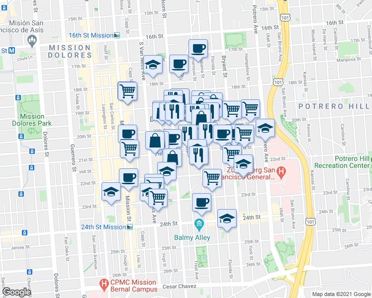 map of restaurants, bars, coffee shops, grocery stores, and more near 759 Treat Avenue in San Francisco