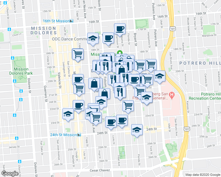 map of restaurants, bars, coffee shops, grocery stores, and more near 759 Treat Avenue in San Francisco