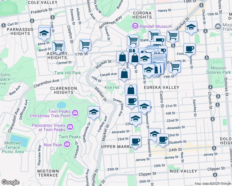 map of restaurants, bars, coffee shops, grocery stores, and more near 160 Corwin Street in San Francisco