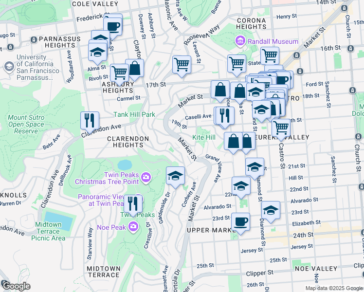 map of restaurants, bars, coffee shops, grocery stores, and more near 3369 Market Street in San Francisco