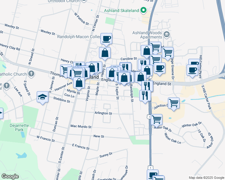 map of restaurants, bars, coffee shops, grocery stores, and more near 313 Robinson Street in Ashland