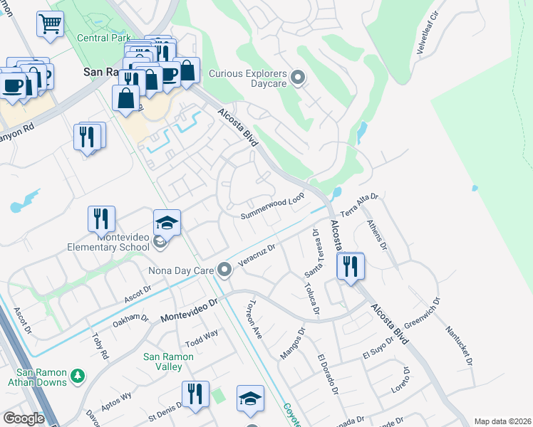 map of restaurants, bars, coffee shops, grocery stores, and more near 205 Summerford Circle in San Ramon