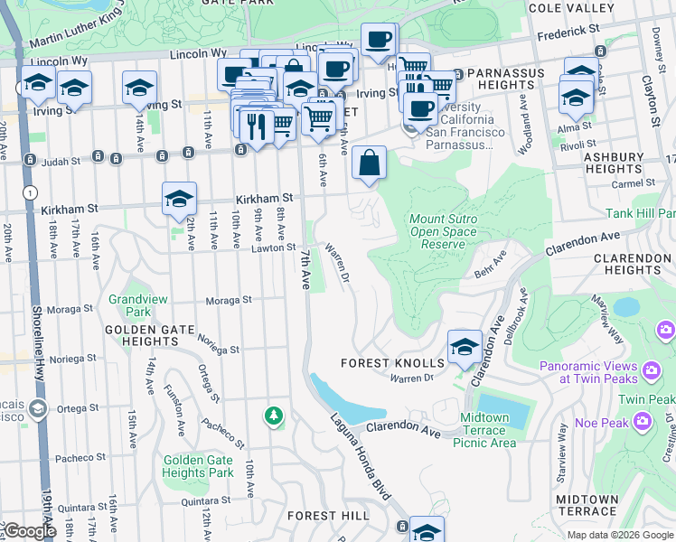 map of restaurants, bars, coffee shops, grocery stores, and more near 470 Warren Drive in San Francisco