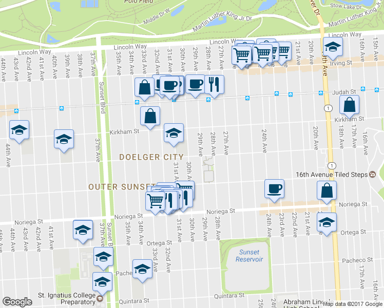 map of restaurants, bars, coffee shops, grocery stores, and more near 1570 30th Avenue in San Francisco