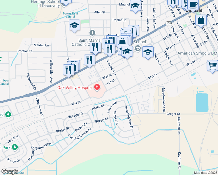 map of restaurants, bars, coffee shops, grocery stores, and more near 1288 West J Street in Oakdale