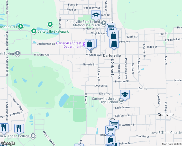 map of restaurants, bars, coffee shops, grocery stores, and more near 18 Willow Street in Carterville