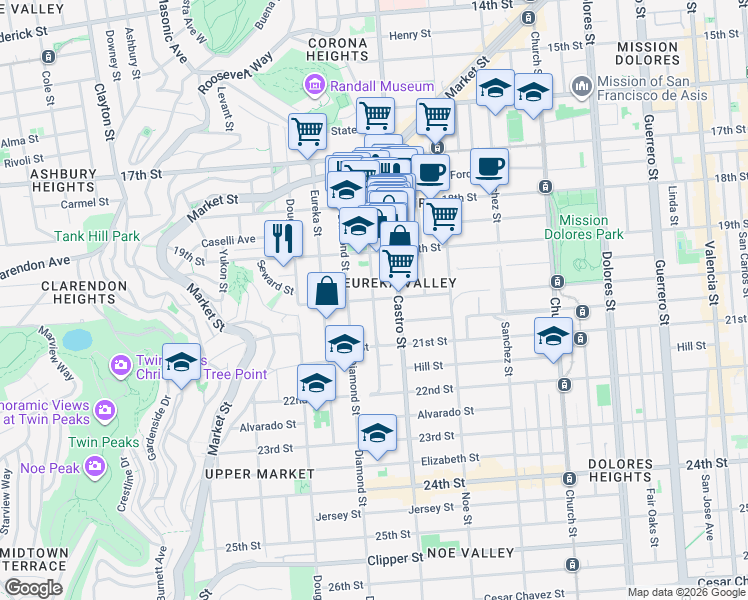 map of restaurants, bars, coffee shops, grocery stores, and more near 20th St & Collingwood St in San Francisco