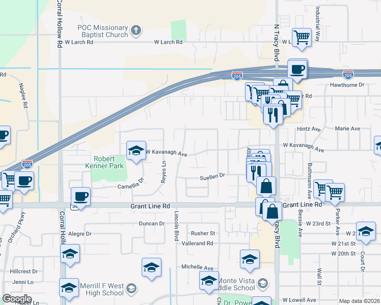 map of restaurants, bars, coffee shops, grocery stores, and more near 2911 Lincoln Boulevard in Tracy