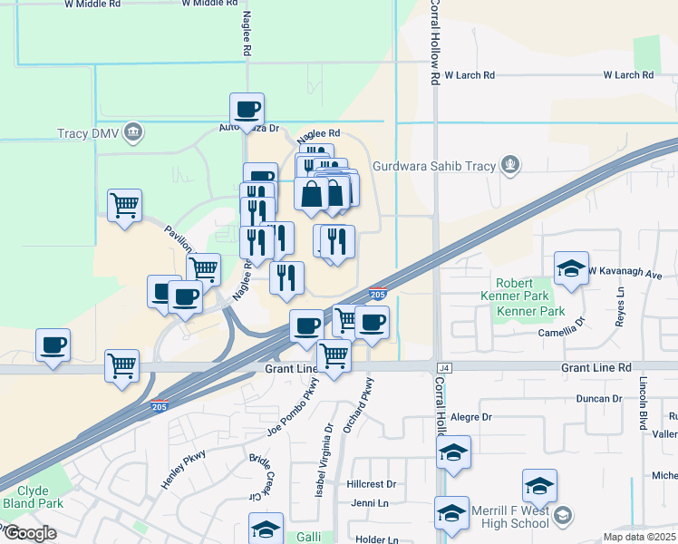 map of restaurants, bars, coffee shops, grocery stores, and more near 2800 Naglee Road in Tracy