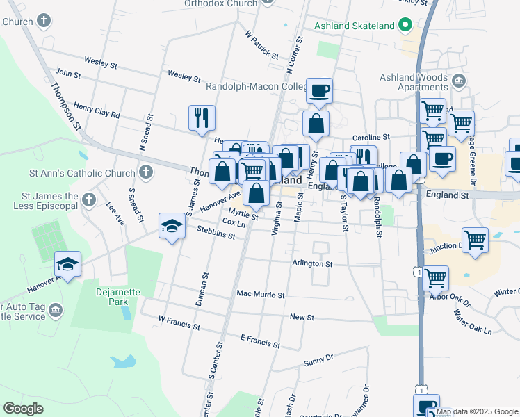 map of restaurants, bars, coffee shops, grocery stores, and more near 301 South Railroad Avenue in Ashland