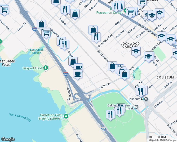 map of restaurants, bars, coffee shops, grocery stores, and more near 700 Kevin Court in Oakland