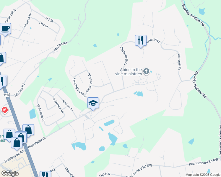 map of restaurants, bars, coffee shops, grocery stores, and more near 2502 Shadow Creek Lane in Elizabethtown