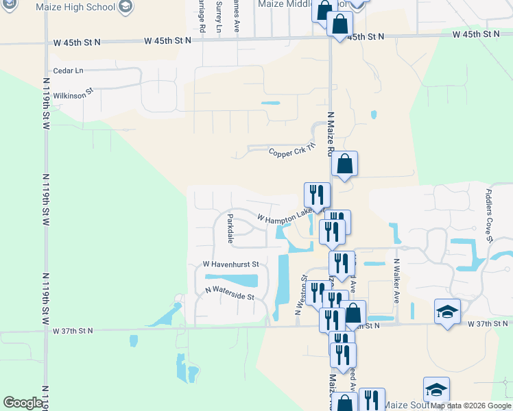 map of restaurants, bars, coffee shops, grocery stores, and more near 10750 West Hampton Lakes Street in Maize