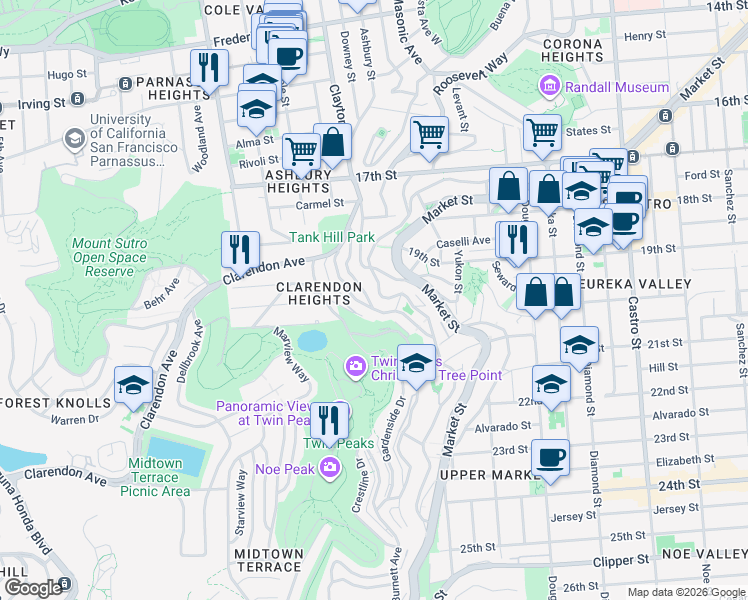 map of restaurants, bars, coffee shops, grocery stores, and more near 123 Graystone Terrace in San Francisco