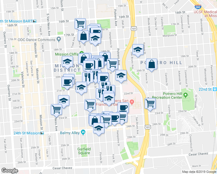 map of restaurants, bars, coffee shops, grocery stores, and more near 21st St & York St in San Francisco