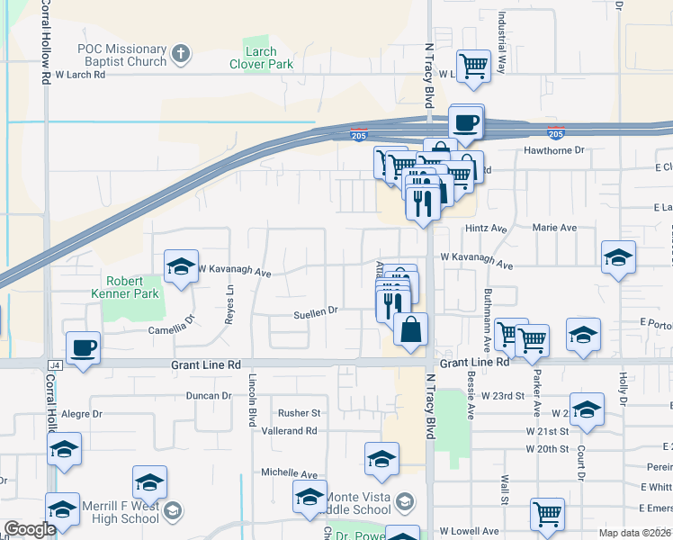 map of restaurants, bars, coffee shops, grocery stores, and more near 2875 Georgia Drive in Tracy