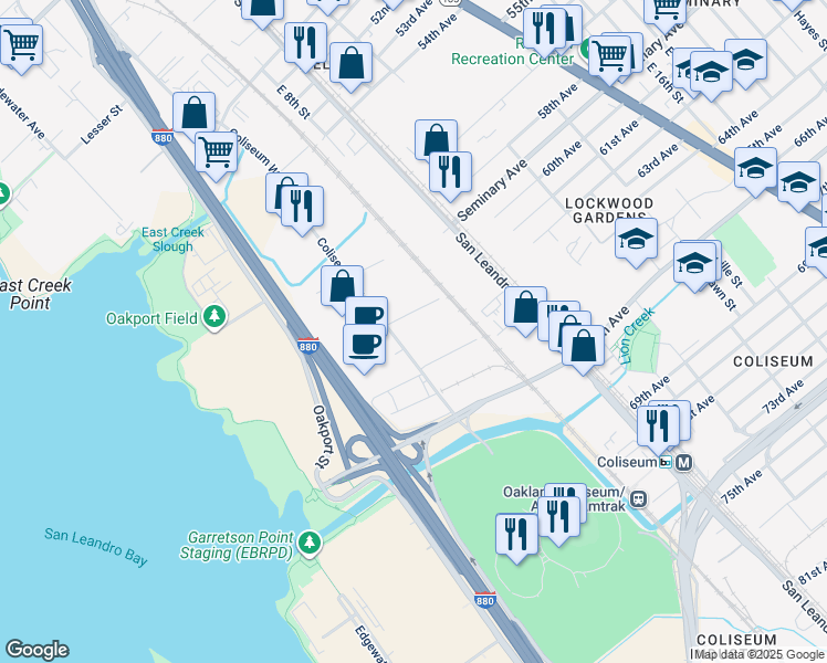 map of restaurants, bars, coffee shops, grocery stores, and more near 700 Kevin Court in Oakland