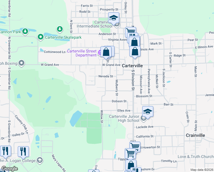 map of restaurants, bars, coffee shops, grocery stores, and more near 18 Willow Street in Carterville