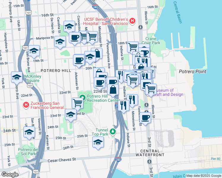 map of restaurants, bars, coffee shops, grocery stores, and more near Pennsylvania Avenue in San Francisco