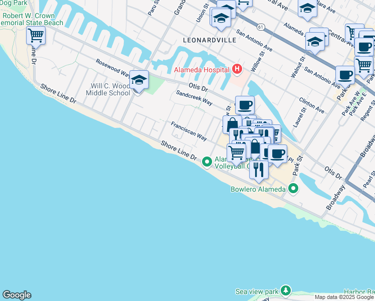 map of restaurants, bars, coffee shops, grocery stores, and more near in Alameda