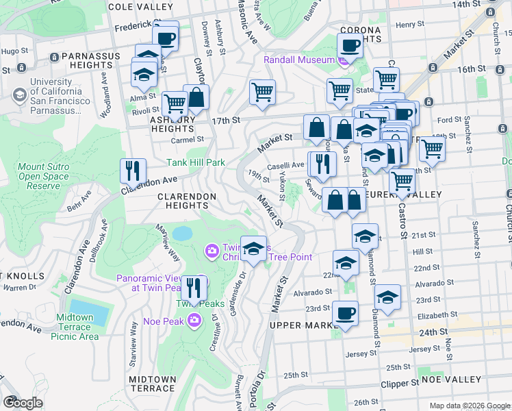 map of restaurants, bars, coffee shops, grocery stores, and more near John's Way in San Francisco