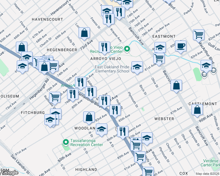 map of restaurants, bars, coffee shops, grocery stores, and more near 1612 80th Avenue in Oakland