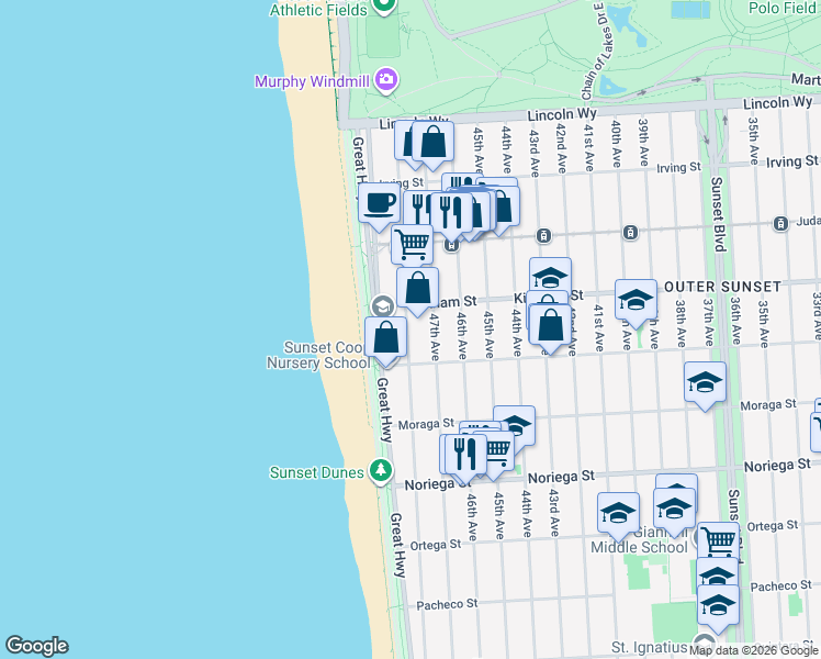 map of restaurants, bars, coffee shops, grocery stores, and more near 1542 48th Avenue in San Francisco