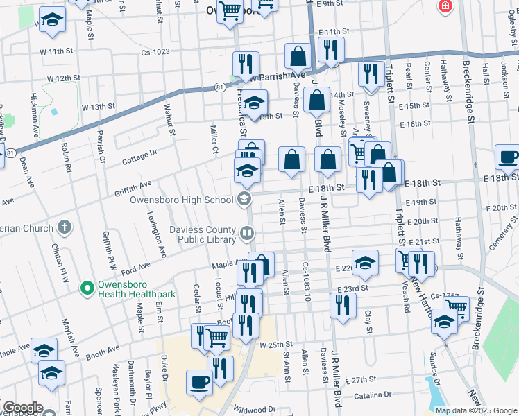 map of restaurants, bars, coffee shops, grocery stores, and more near 126 West 18th Street in Owensboro