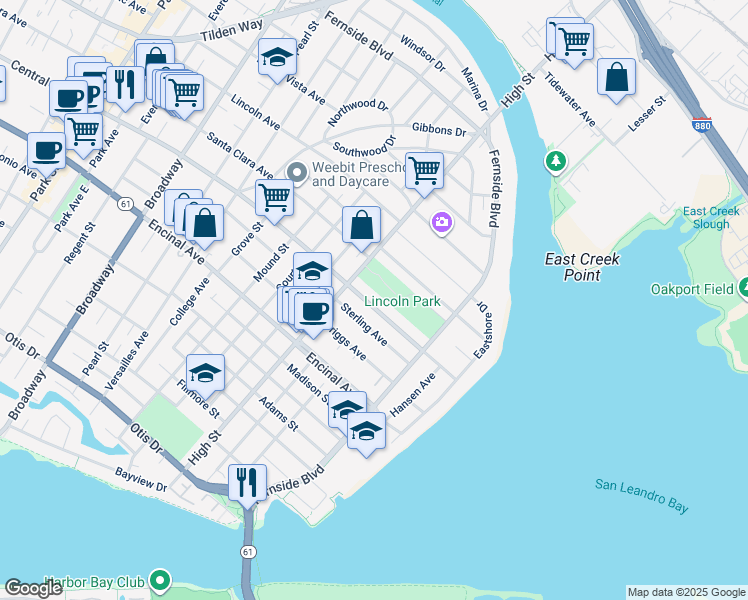map of restaurants, bars, coffee shops, grocery stores, and more near 3229 Central Avenue in Alameda