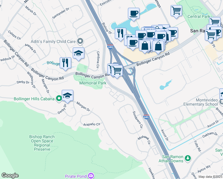 map of restaurants, bars, coffee shops, grocery stores, and more near Harness Drive in San Ramon